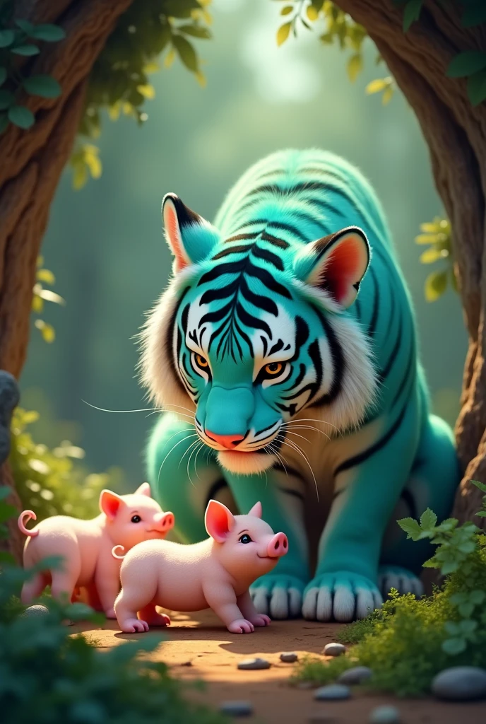 a cute and adorable tiffany green tiger, caring for a litter of baby pigs in a forest cave, smiling happily, hyper realistic, detailed, 8k, photorealistic, masterpiece, vibrant colors, natural lighting, intricate details, furry texture, forest background, cave interior, warm tones, cinematic composition,Tigers don’t want pig noses