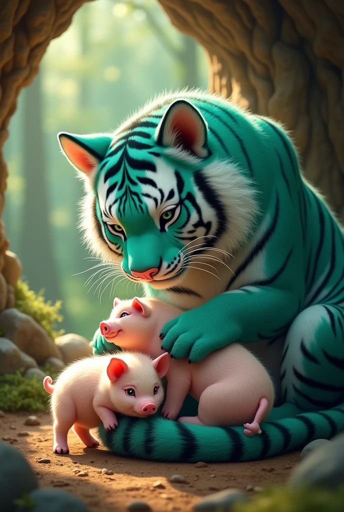 a cute and adorable tiffany green tiger, caring for a litter of baby pigs in a forest cave, smiling happily, hyper realistic, detailed, 8k, photorealistic, masterpiece, vibrant colors, natural lighting, intricate details, furry texture, forest background, cave interior, warm tones, cinematic composition,Tigers don’t want pig noses