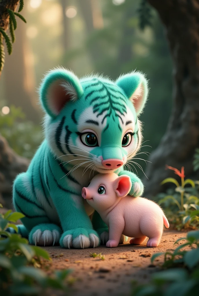 a cute and adorable tiffany green tiger, caring for a litter of baby pigs in a forest cave, smiling happily, hyper realistic, detailed, 8k, photorealistic, masterpiece, vibrant colors, natural lighting, intricate details, furry texture, forest background, cave interior, warm tones, cinematic composition,Tigers don’t want pig noses