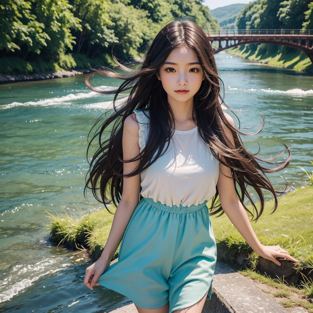 "Create an image of a vibrant young girl standing by a picturesque riverside. She should be dressed in a casual summer outfit, with her hair flowing freely in the breeze. The river should reflect the sunlight, and the surrounding nature should be lush and green. The scene should evoke a sense of freedom and joy, capturing the beauty of a sunny day by the water."