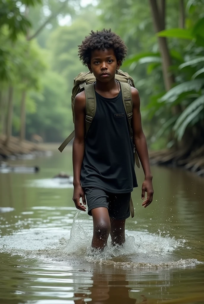 Photorealism 1.4 realistic realism high detailed definition Malaysian orang asli native aborigines wearing sleeveless black shirt short crossing river with backpack river with smile Face dark skin curly short hair