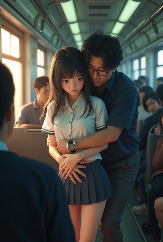 ((Highest quality, 8k, RAW Photos, masterpiece :1.3)), (Realist、Realist:1.37)、Very detailed、Ultra-high resolution, (Professional Lighting), ((From above:1.2)),((Full body photo)), small chest、Perfect Face、Beautiful expression、Beautiful Face、Cute eyes、1 high school girl、beautiful girl、Beautiful black hair、(Schoolgirl uniform、Button-down shirt:1.2、Pleated mini skirt、Pale pink lace panties)、(A crowded train with sunlight pouring in、A middle-aged Japanese man hugs a high school girl from behind on a train)、((((A middle-aged man standing behind the woman、the man reaches out his right hand and touches the woman’s chest:1.3、the man’s left hand is touching a high school girl, He touched his private parts with his fingers..:1.2、Button-down shirt:1.2))))、caress、horror show、blush、the man has a vulgar look、Men hugging each other