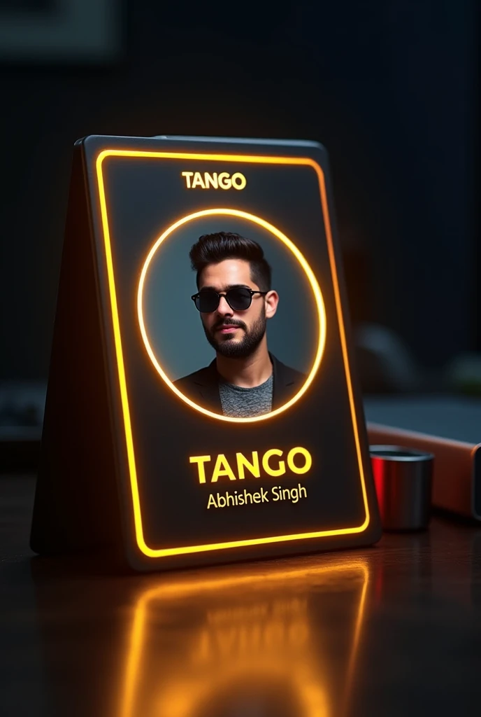create a tango profile on glass id card on a black desk displaying Tango logo and realistic profile photo of a boy with beard with sunglasses in circle and "ABHISHEK SINGH" is written in bold fonts under the profile photo, the Tango card is glowing in yellow color on the edge. Hot