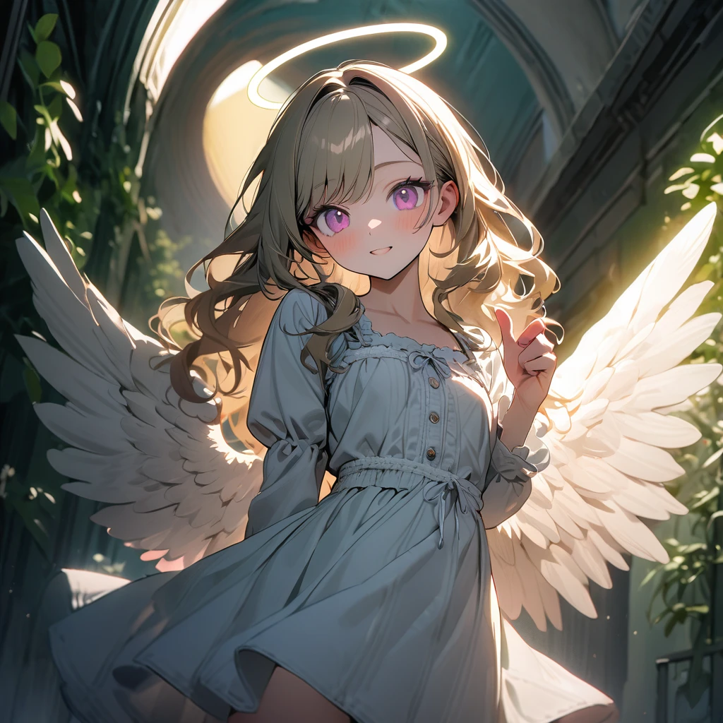 (8K, best quality, master piece: 1.2),ultra-high resolution,1 girl,solo,16yo,(finger heart),ultra-detailed face,gradient eyes,pink eyes,lash extension,Long hair,khaki hair,wavy hair,halo,swept bangs,white peasant dress with angel wings on back,looking at viewer,Cowboy shot,happy,rim light,The arched green tunnel