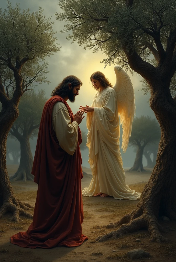  in a dark olive orchard Jesus leaned down and prayed and the angel guy leaned over him and gave him strength 