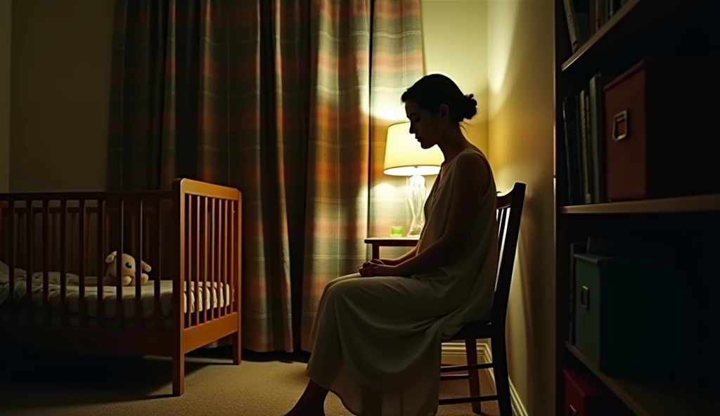 Cinematic, A dimly lit bedroom scene captured in a late evening ambiance. The central focus is on a woman sitting on a wooden chair, side profile view, dressed in a long, flowing nightgown, partially illuminated by a soft, warm glow from a nearby table lamp placed on a nightstand. The light casts shadows that play against the room's details. On the left side of the scene, a baby crib is visible, holding a small stuffed animal, suggesting a child's presence. The background features a plaid-patterned curtain in shades of green, red, and beige behind the woman, adding a homely atmosphere. To the right, a bookshelf with various colored compartments is partially visible, adding a splash of color to the muted tones of the room. The overall mood is quiet and introspective, with a subtle hint of mystery