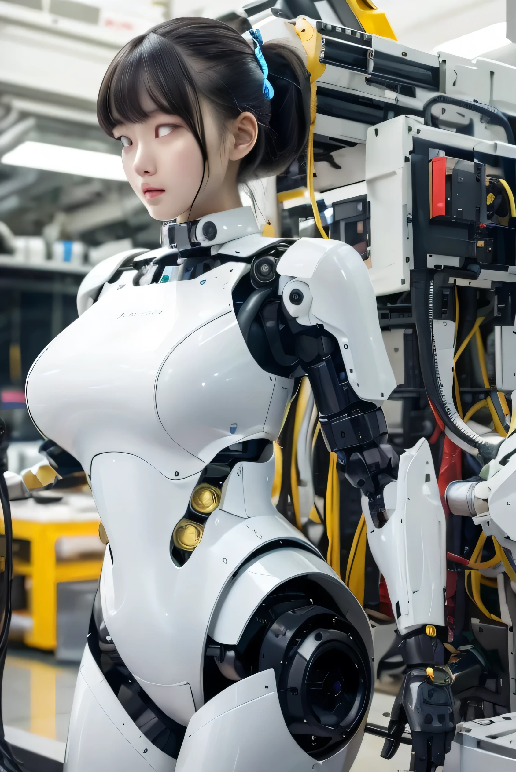 masterpiece, best quality, extremely detailed, Japaese android girl,Plump , control panels,android,Droid,Mechanical Hand, Robot arms and legs,Blunt bangs,long tube,thick cable connected her neck,(robot-assembly plant:1.4),She has assembled now,(assembly scene:1.5),white eyes