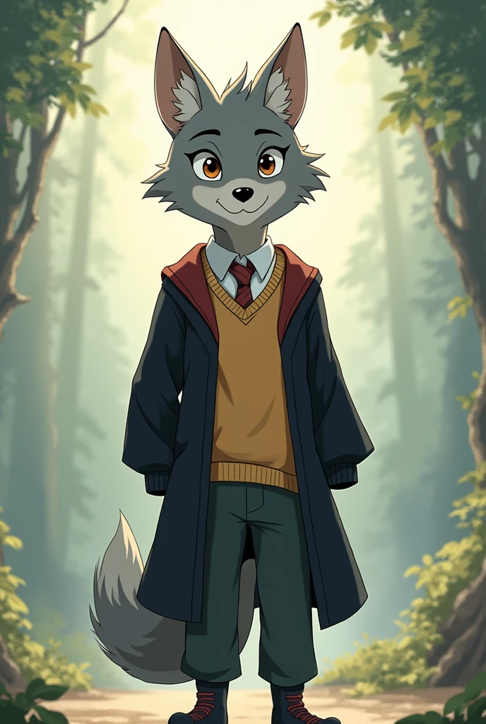 estilo gibli, anime, a humanized young male gray wolf, full body looking very friendly and in Harry Potter uniform