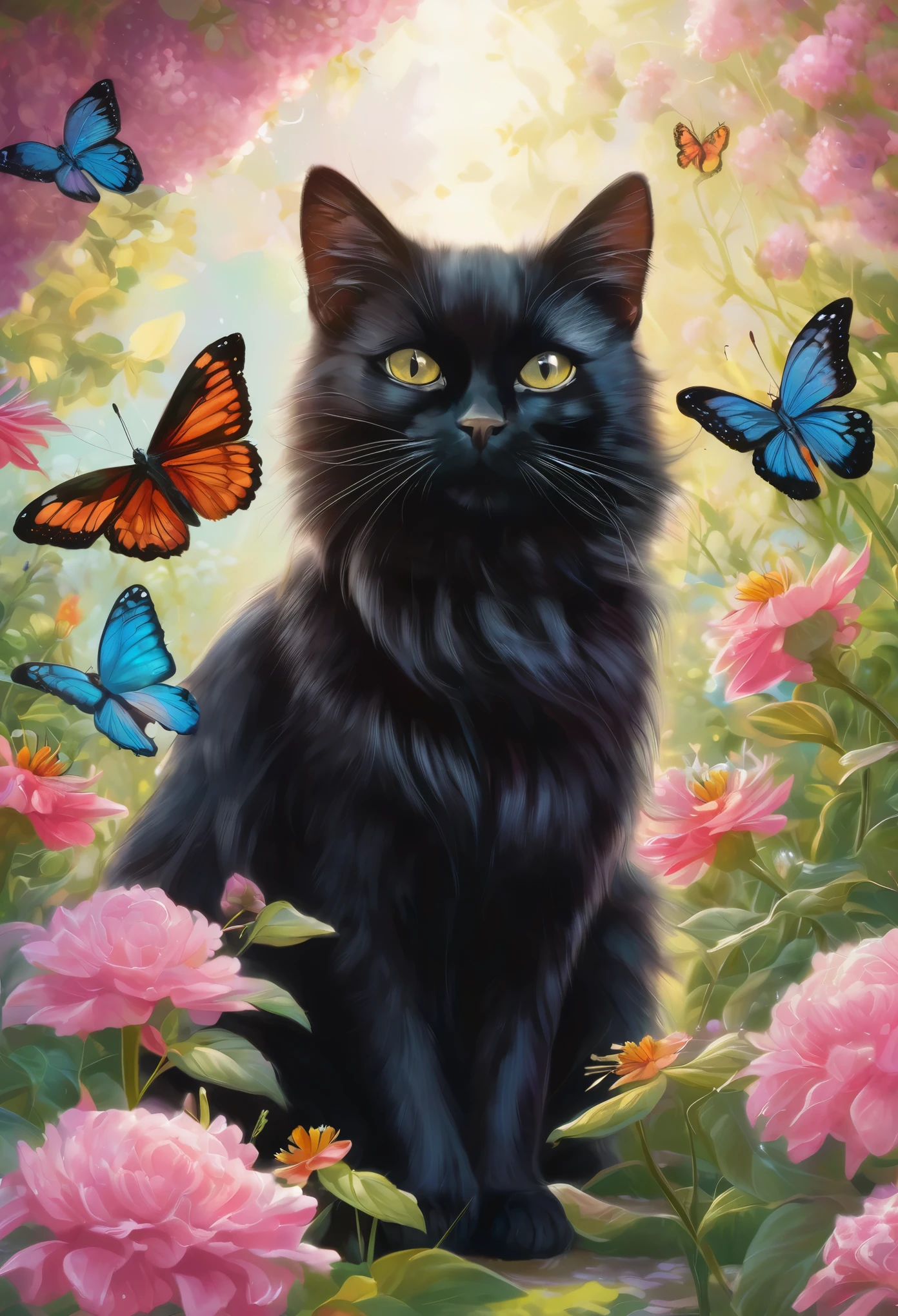 (a black cat in a garden),illustrated,soft colors,beautiful detailed eyes,beautiful detailed,fairy wings,colorful flowers,butterflies,ethereal glow,pink nacklace,adorable expression,posing gracefully,bright sunlight,long fur, butterfly on nose, cat playing.
