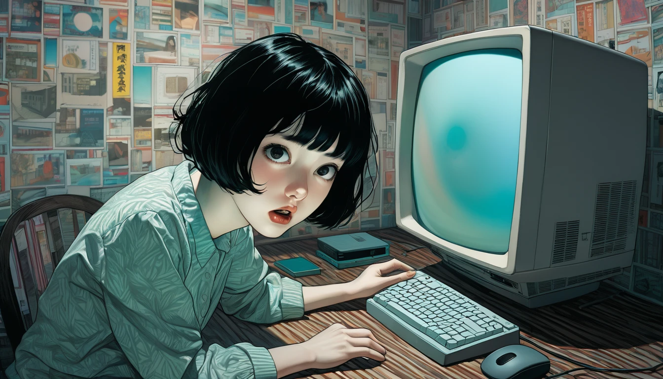 An illustration、art、Supervised by Junji Ito、Overaction、Overreaction、Pretending to be scared、Attention to detail, Realistic shadows、Analog Style, chromatic aberration, Surrealism,Short black hair、computer