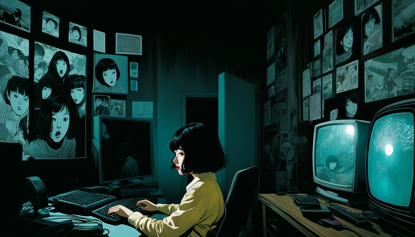 An illustration、art、Supervised by Junji Ito、Overaction、Overreaction、Pretending to be scared、Attention to detail, Realistic shadows、Analog Style, chromatic aberration, Surrealism,Short black hair、computer
