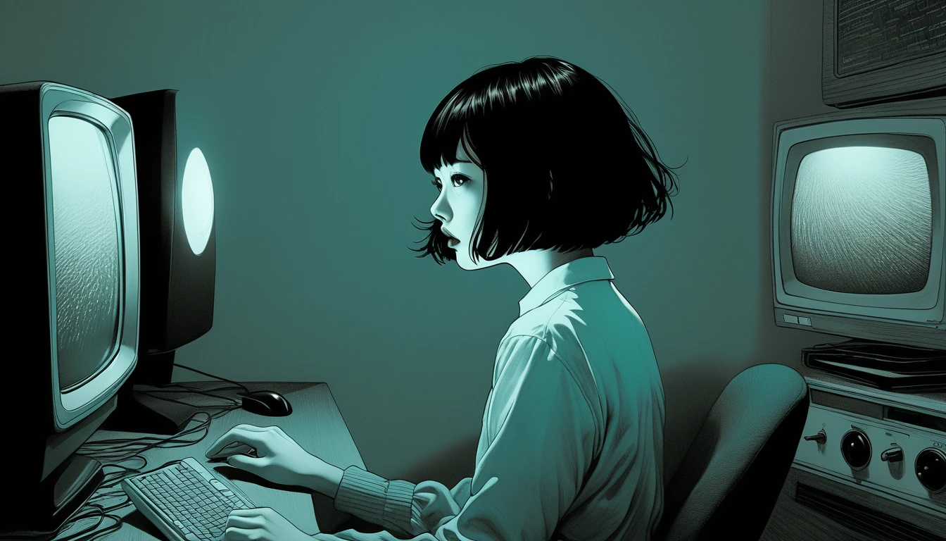 An illustration、art、Supervised by Junji Ito、Overaction、Overreaction、Pretending to be scared、Attention to detail, Realistic shadows、Analog Style, chromatic aberration, Surrealism,Short black hair、computer