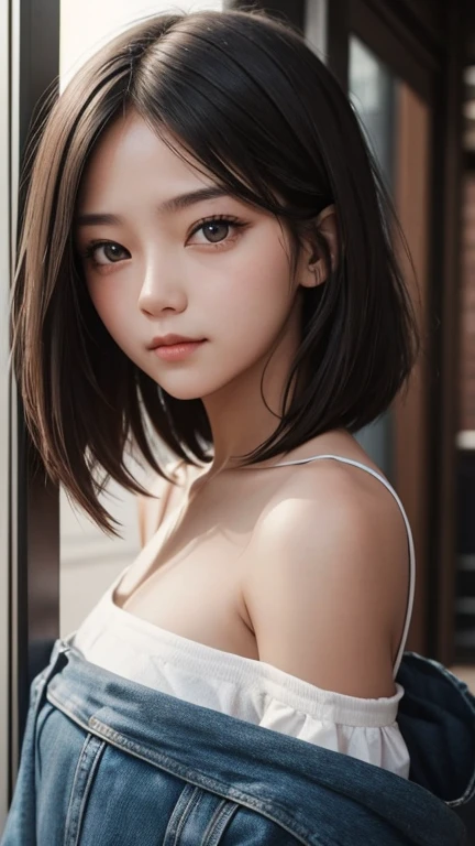 a girl who has short, beautiful shoulder-length hair and eyes that have the impression of a sharp gaze and has a cheeky and indifferent facial gesture