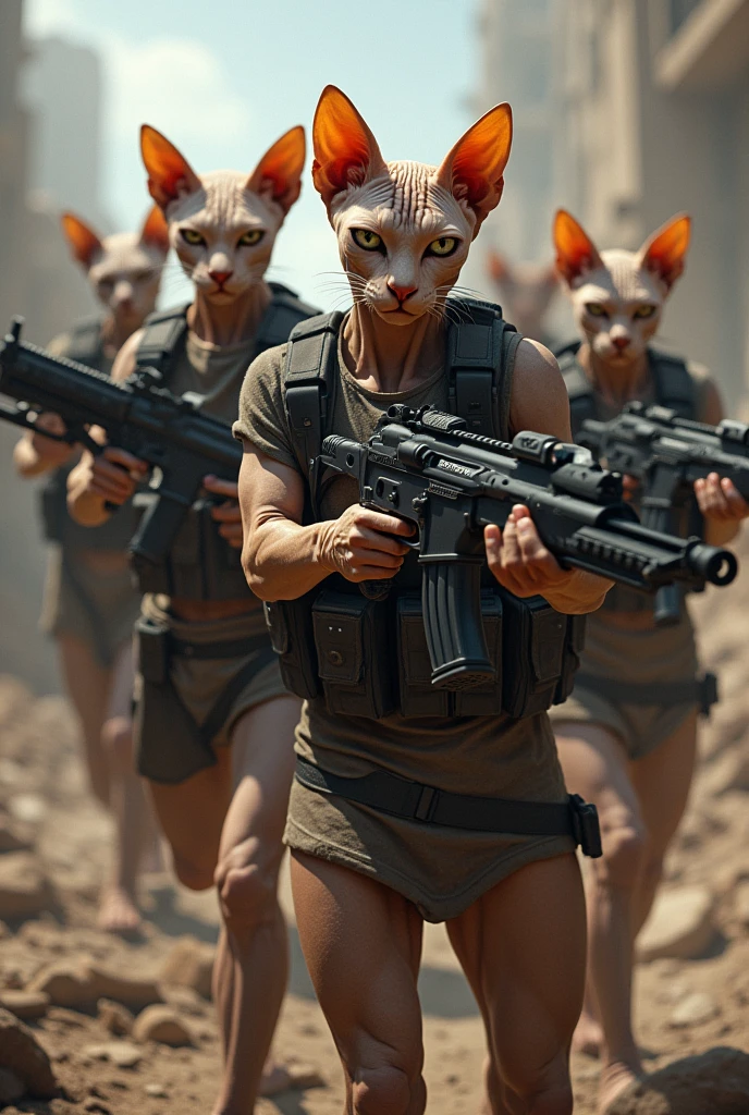 Cats soldiers holding a high power gun and the cat type is Sphynx