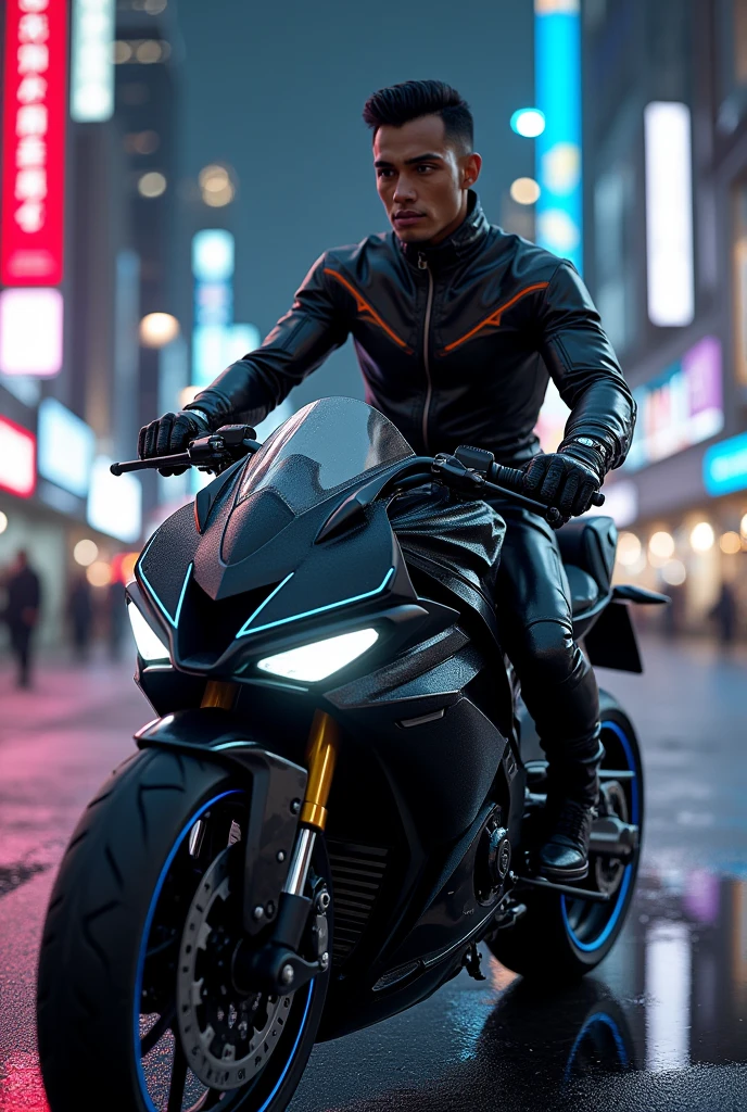 a handsome Indonesian man, wearing a shiny black metallic plastic moon jacket,black metallic plastic trousers with blue accent lines, leather gloves, shoe,sitting on a sports bike in the city area at night 