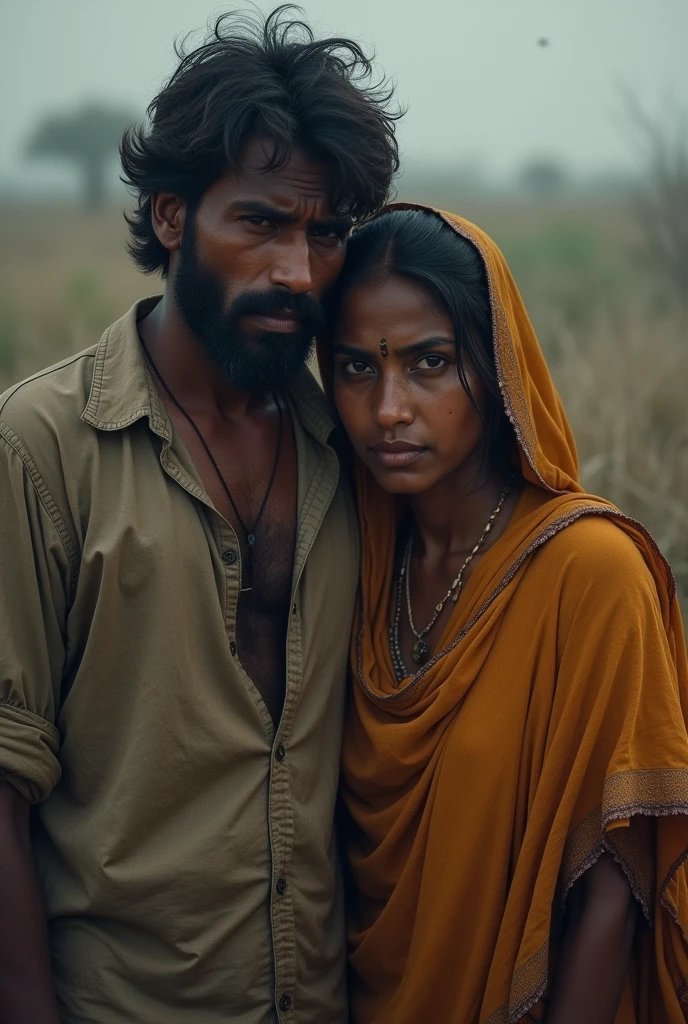 a sad young indian men with his wife because they dont have enough grains to survive 