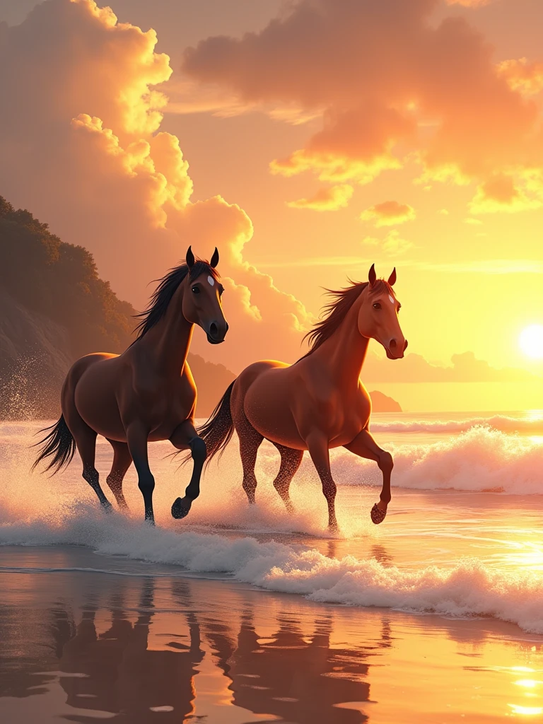 sunset at a beach, horses running along the surf, golden rays scatter the sky, silver lined clouds, anime, ghibli style