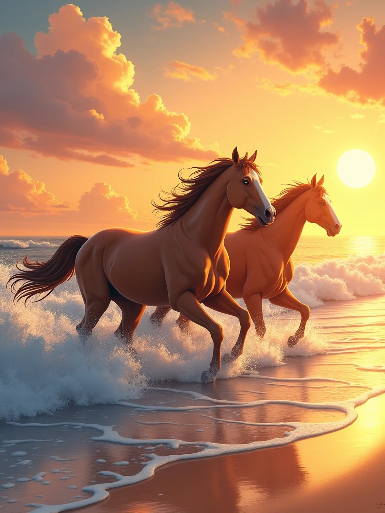 sunset at a beach, horses running along the surf, golden rays scatter the sky, silver lined clouds, anime, ghibli style