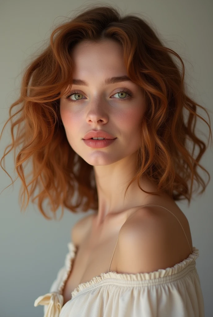 Realistic image of a young woman in her early 20s with curly copper brown hair.