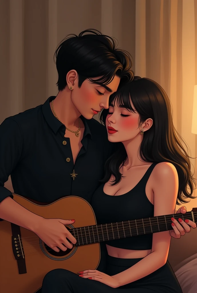 A boy with a guitar and a girl beside him laying her head on the boy's shoulder and singing in a bedroom the boy is wearing black colour kurta and small gold chain in his neck and the girl is wearing black colour crop top girl has straight hair and a little bit chubby