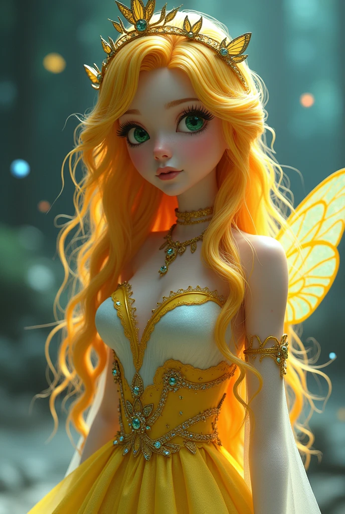 Real fairy magical like in a 1980s dark fantasy movie 3d ultra 8k stella from *Winx Club* is a character with bright, fiery yellow hair that flows in loose waves. She has green eyes and a fair complexion. Her outfit typically includes a yellow and white fairy dress with sparkling accents and butterfly or star motifs. She often wears matching accessories like a headband and shoes. stella’s overall look is vibrant and magical, with a little gold crown in her head reflecting her powers as the Fairy of the sunlight Flame Surrealist art , like a dream, Mystery, Symbolic, complicated, detailded, (Gothic,Very beauthful:1.4), (work of art, best qualityer:1.4) , Style Nicolas Samori, Mermaid Goddess Costume, (rock n roll atmosphere under the sea), (hair blue), beautiful