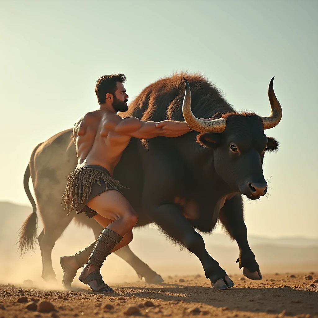 Hercules capturing the Cretan Bull, dressed in simple armor, Ancient Greece, wide open plains, wrestling the massive bull to the ground, clouds of dust rising around them, wide shot, hyper-realistic, photo realism, cinematography --ar 1:1
