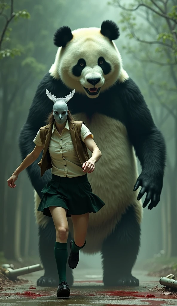 ((Highest quality)), ((masterpiece)), (Pigeon-headed woman:1.2), (horror movie posters:1.5), (short-sleeved shirt), ((A giant bloody panda carrying a refrigerator:1.6)), グレーの女性のハトがオフホワイトで襟付きのshort-sleeved shirtに薄茶色のベストを着てひざ丈の黒いスカートに濃い緑の靴下と黒の靴を履いている, Female pigeon vs giant panda, A female pigeon sprints away from a giant panda, Muscular grey female pigeon、Photorealistic images,