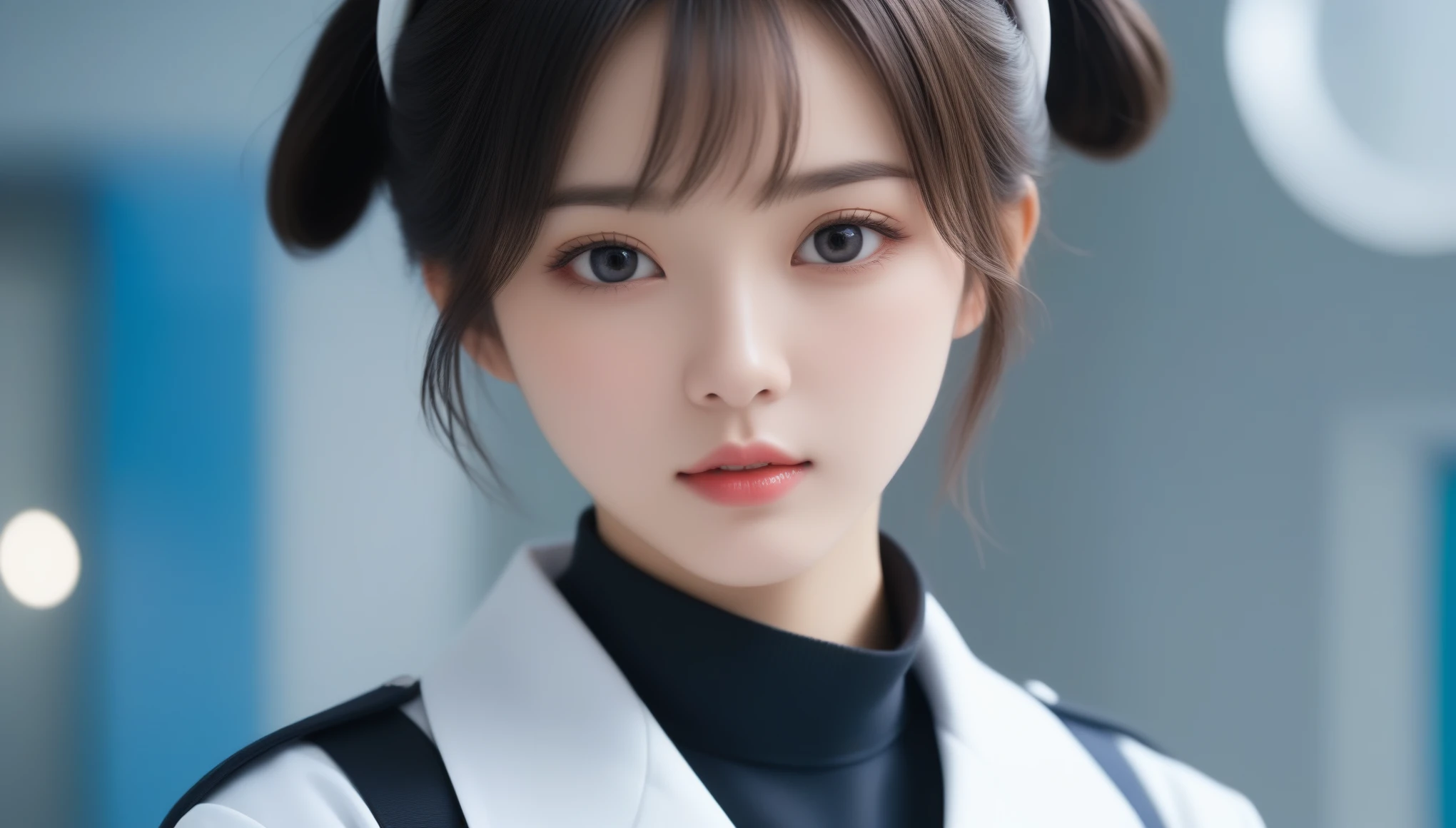 8k, Ultra-high resolution, Highest quality, masterpiece, 三分割法によるphotograph,Surreal, photograph, 1 , (:1.3), cute, cute顔, 細部までBeautiful Eyes, 細かくdetailedに,masterpiece,One Girl:1.2,Japanese women,nurse,upper body,glaring,Black short hair,half updo,ID photo,(Futuristic nurse uniform:1.3),cyber punk,Medical Treatment Room,white collar,(Beautiful attention to detail),Subtle details, detailedな顔,anger,Attractive eyes,(ポートレートphotograph:1.4),(Photorealistic images:1.4),Fantasy art,(Beautiful Face:1.4),美しくAttractive eyes、Beautiful Eyes,Silver residue,(Tight waist:1.4)、(Beautiful with perfect body proportions:1.4),Pink Lips,profile,(((Ideal body type))),A-cup small breasts :2,、Portraiture:2、Perfect Anatomy、鮮明なdetailed、detailed,Fashion magazine cover,Thin lips,完璧でBeautiful Face ,完璧でcute顔, Skin with attention to detail, Perfect limbs、Narrow waist,Surreal,Light and shadow,spotlight