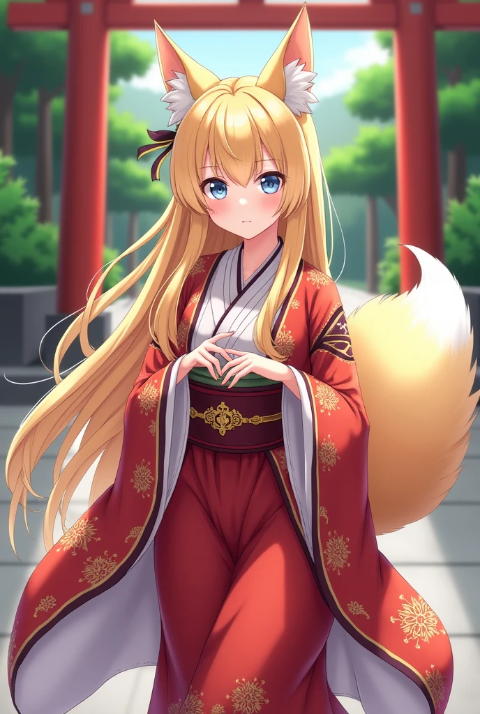 Shrine maiden costume、Blonde、Fox ears、Fox Tail、anime風、Manga style、beautiful girl、sauce_anime、sauce_comics、Background Shrine
