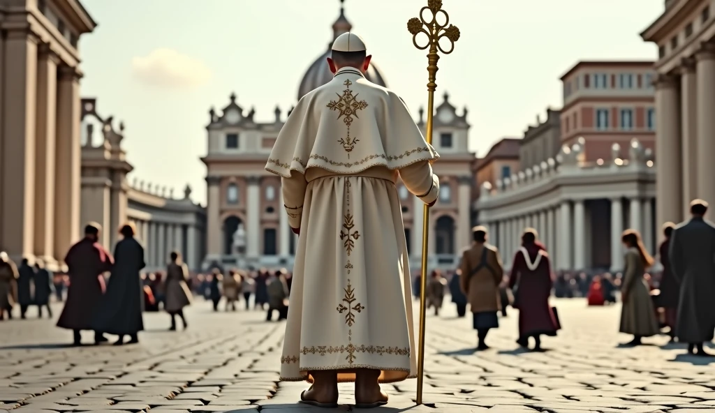 The camera is on the ground and the focal point of the image is the back view of Pope's wearing a laceless, brown, high-top leather boots, typical of field workers. The Pope wears a white tunic decorated with papal insignia, a cloak and a long golden papal scepter next to him . The background is a panoramic view of St. Peter's Square in the Vatican, crowded with tourists. The scene captures the moment of religious significance and the historical and artistic richness of St. Peter's Square. Ultrarealistic Ultrarealistic photo, 16k, ultra high resolution, photorealistic, Ultra HD.