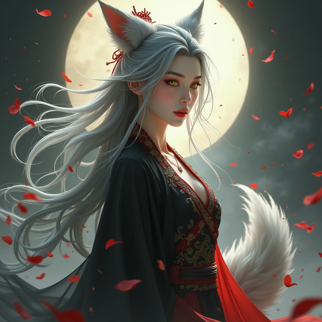 (Divine Beast), Nine-Tailed Fox, Dynamic Body Type, (Chinese Monster), good looking, splashed Ink, Chinese, One girl, ((whole body), ((2.5D)), Floating Hair, Beautiful Eyes, Delicate eyes, Delicate Silhouette, Fantasy art, (Antique black and red brocade hanfu), Fob, (masterpiece), Front shot, profile, White Background, (Movie Posters), sharp, splash, cloud, petal, nullの, null, (Wide-angle lens), Overlooking、Portraiture, Long Hair, Gray Hair, Golden Eyes, One girl, head, face, Magical girl, absurdes, masterpiece, Highest quality, Magical girl costume, ((Magical girl)), short hair, Devastation, Remains, Dynamic pose, Apocalypse, Spell casting, Style-Glass, Full Body Shot、masterpiece, Highest quality, One girl, Giant Tall horns, loungewear, Long Red hair, Red Eyes, Long hair, : Sunburn, tw0-tone background, fantasy of terror