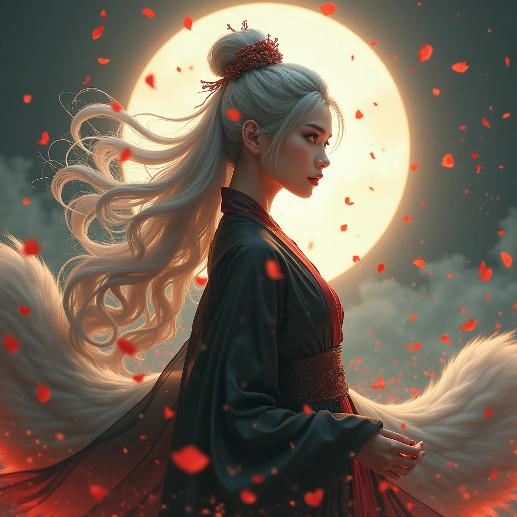 (Divine Beast), Nine-Tailed Fox, Dynamic Body Type, (Chinese Monster), good looking, splashed Ink, Chinese, One girl, ((whole body), ((2.5D)), Floating Hair, Beautiful Eyes, Delicate eyes, Delicate Silhouette, Fantasy art, (Antique black and red brocade hanfu), Fob, (masterpiece), Front shot, profile, White Background, (Movie Posters), sharp, splash, cloud, petal, nullの, null, (Wide-angle lens), Overlooking、Portraiture, Long Hair, Gray Hair, Golden Eyes, One girl, head, face, Magical girl, absurdes, masterpiece, Highest quality, Magical girl costume, ((Magical girl)), short hair, Devastation, Remains, Dynamic pose, Apocalypse, Spell casting, Style-Glass, Full Body Shot、masterpiece, Highest quality, One girl, Giant Tall horns, loungewear, Long Red hair, Red Eyes, Long hair, : Sunburn, tw0-tone background, fantasy of terror