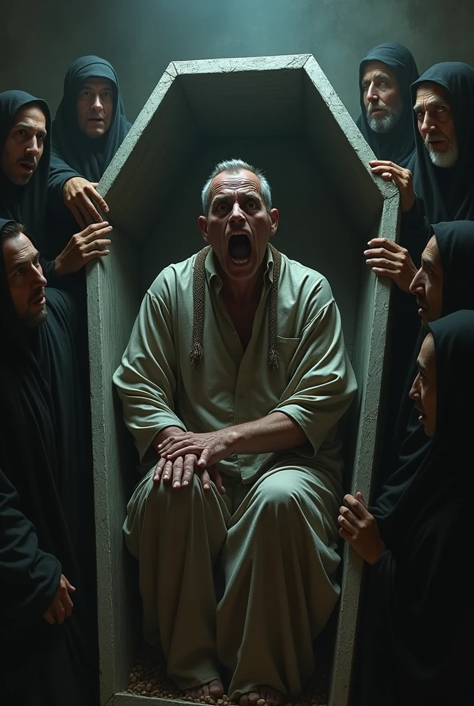 Harun Rises from the Coffin** Featuring a dramatic moment when Harun suddenly wakes up and sits up from the coffin, with expressions of shock and fear on the faces of those around him.
