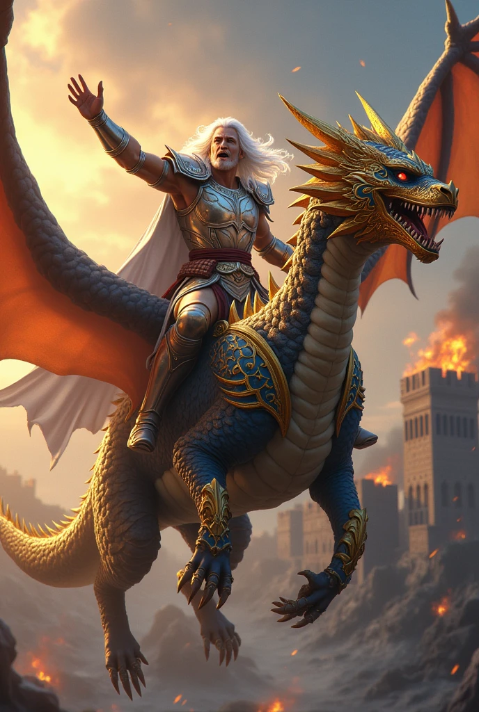 Image of a male paladin with long white hair flying on top of a white celestial dragon .the paladin has to be shouting and pointing the sword forward.with a burning castle in the background.the dragon must have gold and blue armor, very muscular dragon and flying in attack mode