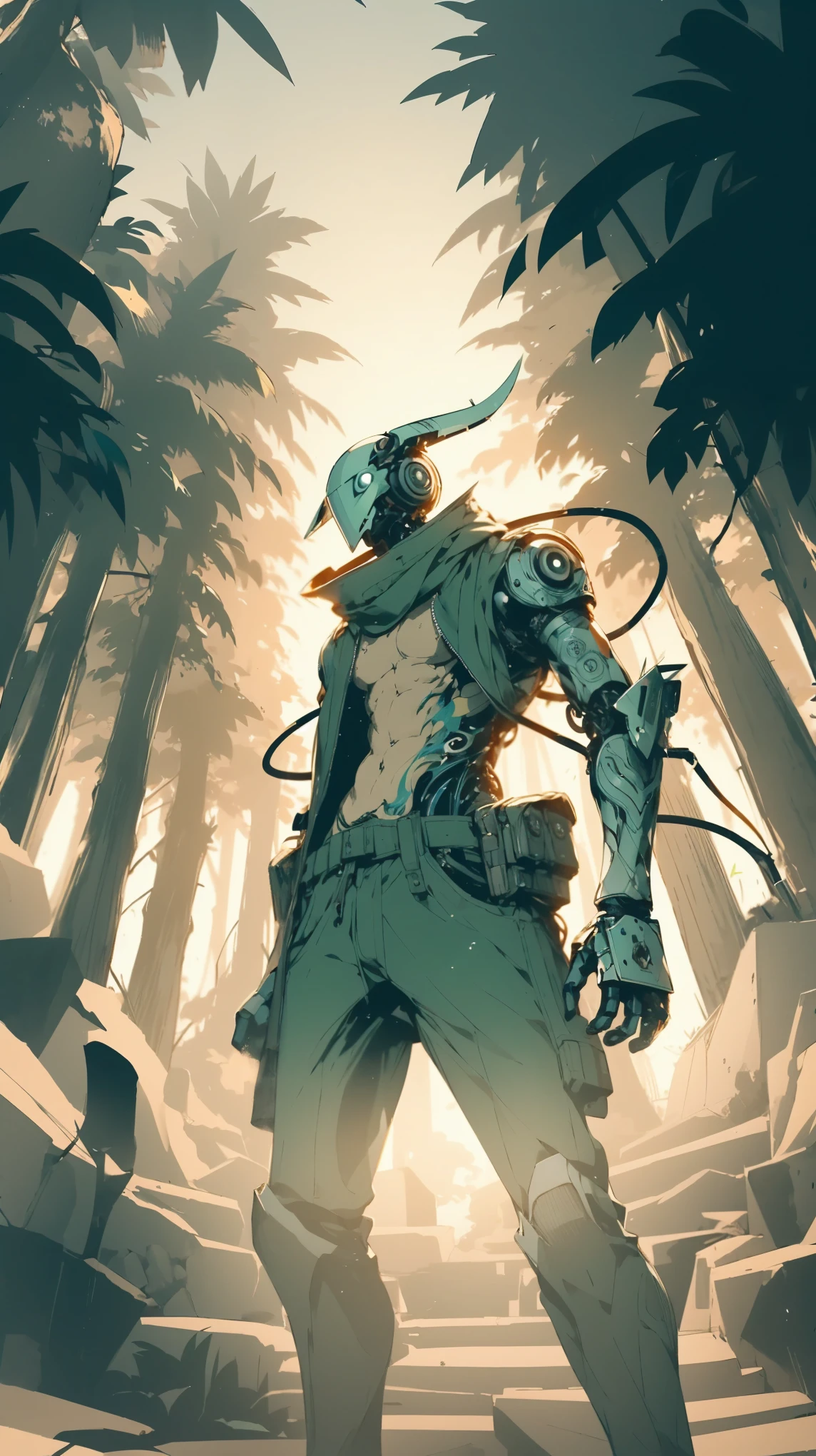 (high quality), (masterpiece), (detailed), 8K, (Colossal yet genial robot1.3) wandering through (dense, misty forest1.3), (soft lighting1.2), ethereal atmosphere. (high quality), (masterpiece), (detailed), 8K, Anime style character with (cool and edgy tattoos1.3), dressed in (fashionable clothing1.2), posing confidently. Expression fierce, stylish accessory coiled around arm. Thicker outlines emphasize striking, modern fashion, vibrant palette enhances scene.