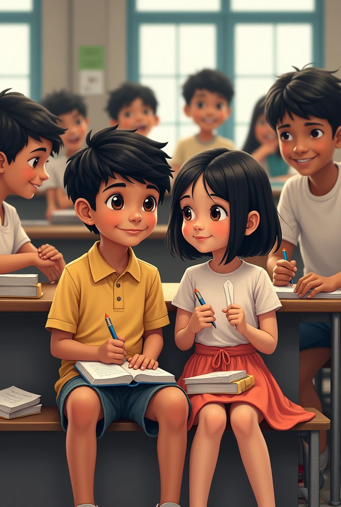 A Indian and brown child sitting on his bench in his classroom with a pencil in his hand and he is around 12 to and a girl sitting on his right side with short hairs and a pen in his hand and he is around 12 to and some students sitting behind them some of them are eating lunch and some of them are studying seeing in their copying and crying and some boys around 20 to 2 are laughing on them