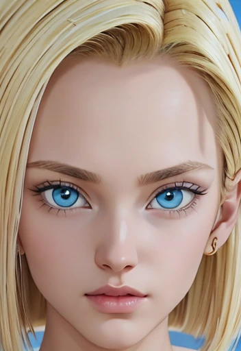 masterpiece, Close-up of Lazuli, Android 18, blonde with big blue eyes smooth skin detailed face perfectly eyeliner voluminous lips upturned nose extraordinary beauty wallpaper fanart hyperrealistic high resolution 12k 