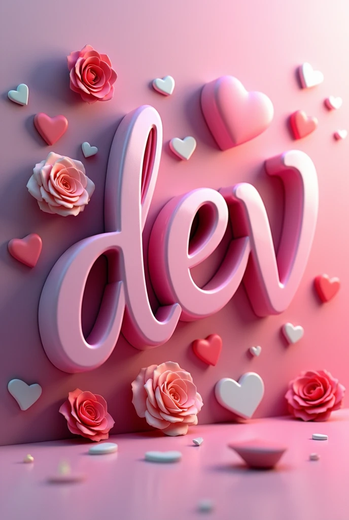 Create a 3D  text design with a flowing, cursive font. Use vibrant colors and add decorative elements like hearts or stars or rose flowers. The background should be a gradient or a subtle pattern." The text is Dev