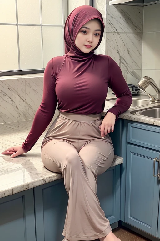 ( Close Up),RAW, Best quality, high resolution, masterpiece: 1.3), beautiful Malay woman in hijab,Masterpiece, fit short body, medium breast,big gorgeous eyes, Soft smile,beautiful face,thick thighs, a woman bending over in kitchen, kitchen detail, ((full body shot)), ((wearing white long sleeve shirt)) ,((wearing maroon long wide leg palazzo pants)), full body in frame ,small round buttock, buttock crease, the contour of the buttock cearly visible, fat vagina, cameltoe, rear body shot, buttock emphasize, (buttock crease:1.4), spread your legs apart, protruded buttock, (muscullar body:1.1), (plump:1.2), (chubby:1.1), accentuate your buttock, from behind, (looking at the audience, looking back, facial details, double eyelids, soft smile), soft smile, (Delicate turtleneck), Excellent lighting, bokeh, Clean lines, erotic, teasing, black socks, one leg split, no panties
