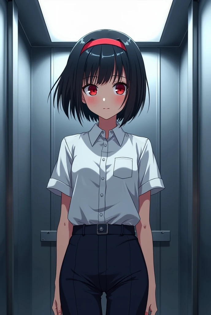 Anime girl with short black hair and red eyes, her bangs tied with a headband, 1, dressed like a boy, standing in an elevator, with sharp features