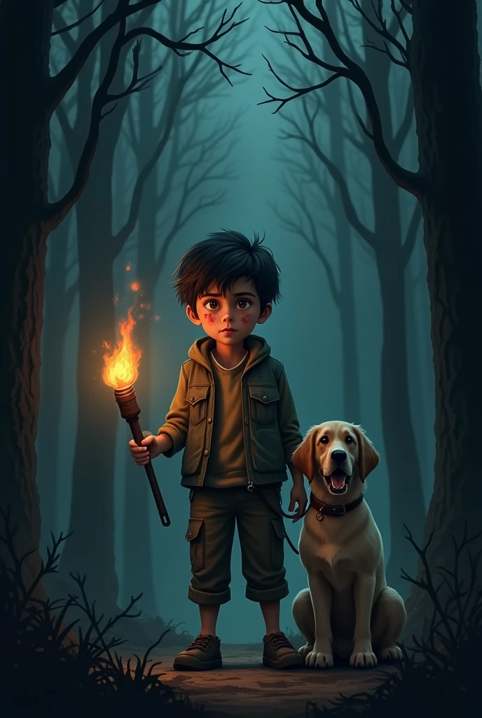 A boy with her dog with some blood in face of a boy and he is in forest with torch of fire