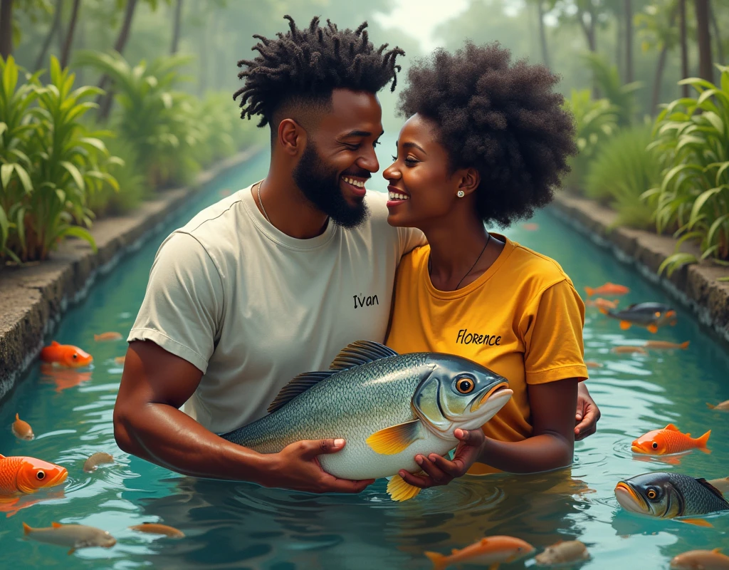 Un homme noir et son amoureux noir souriant entrain de travailler dans une unité piscicole avec des gros poisson à la main
Nous pouvons voir le mot Ivan sur le t-shirt de l’homme et Florence sur le t-shirt de la femme