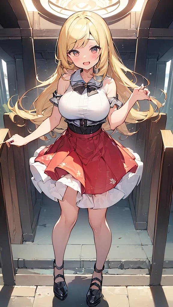 (Masterpiece, Top quality:1.5), full body, (1 beautiful girl, solo:1.2), (Round eyes, big eyes, droopy eyes:1.3), (short height:1.2), (blooming skirt:1.3), (blonde hair:1.2), long Hair, straight Hair, asymmetry bangs, swept bangs, (large breasts:1.2), smile:1.3, blush:1.3, beautiful scene of station platform, open mouth, dynamic pose, dynamic angle