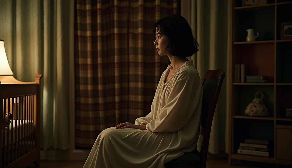 Cinematic, A dimly lit bedroom scene captured in a late evening ambiance. The central focus is on a woman sitting on a wooden chair, side profile view, dressed in a long, flowing nightgown, partially illuminated by a soft, warm glow from a nearby table lamp placed on a nightstand. The light casts shadows that play against the room's details. On the left side of the scene, a baby crib is visible, holding a small stuffed animal, suggesting a child's presence. The background features a plaid-patterned curtain in shades of green, red, and beige behind the woman, adding a homely atmosphere. To the right, a bookshelf with various colored compartments is partially visible, adding a splash of color to the muted tones of the room. The overall mood is quiet and introspective, with a subtle hint of mystery