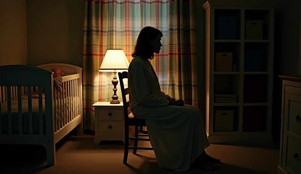 Cinematic, A dimly lit bedroom scene captured in a late evening ambiance. The central focus is on a woman sitting on a wooden chair, side profile view, dressed in a long, flowing nightgown, partially illuminated by a soft, warm glow from a nearby table lamp placed on a nightstand. The light casts shadows that play against the room's details. On the left side of the scene, a baby crib is visible, holding a small stuffed animal, suggesting a child's presence. The background features a plaid-patterned curtain in shades of green, red, and beige behind the woman, adding a homely atmosphere. To the right, a bookshelf with various colored compartments is partially visible, adding a splash of color to the muted tones of the room. The overall mood is quiet and introspective, with a subtle hint of mystery