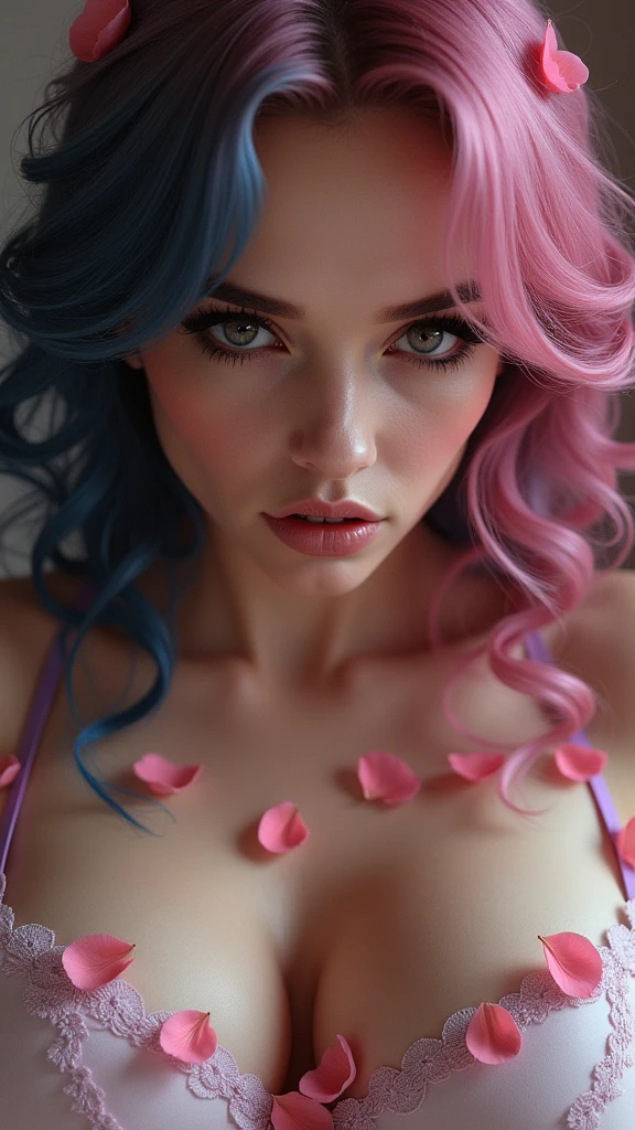 highly detailed, seductive erotic female is sweating, covered in rose pedals, (busty, pink/blue hair), centered on the face, face focused, intricate eyes,