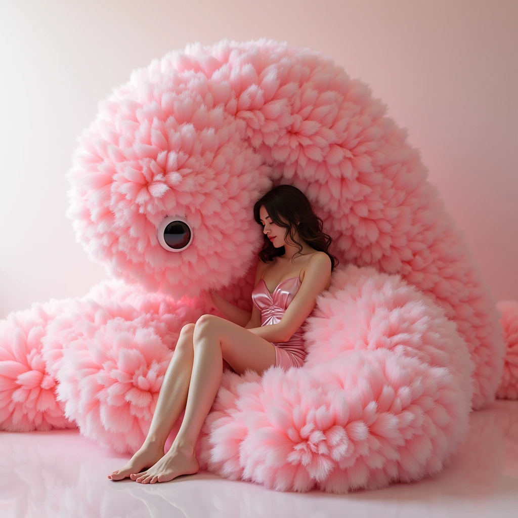 a woman wearing a satin costume is entirely inside a huge pink fleece worm plushie, she is getting sucked inside into the plushie