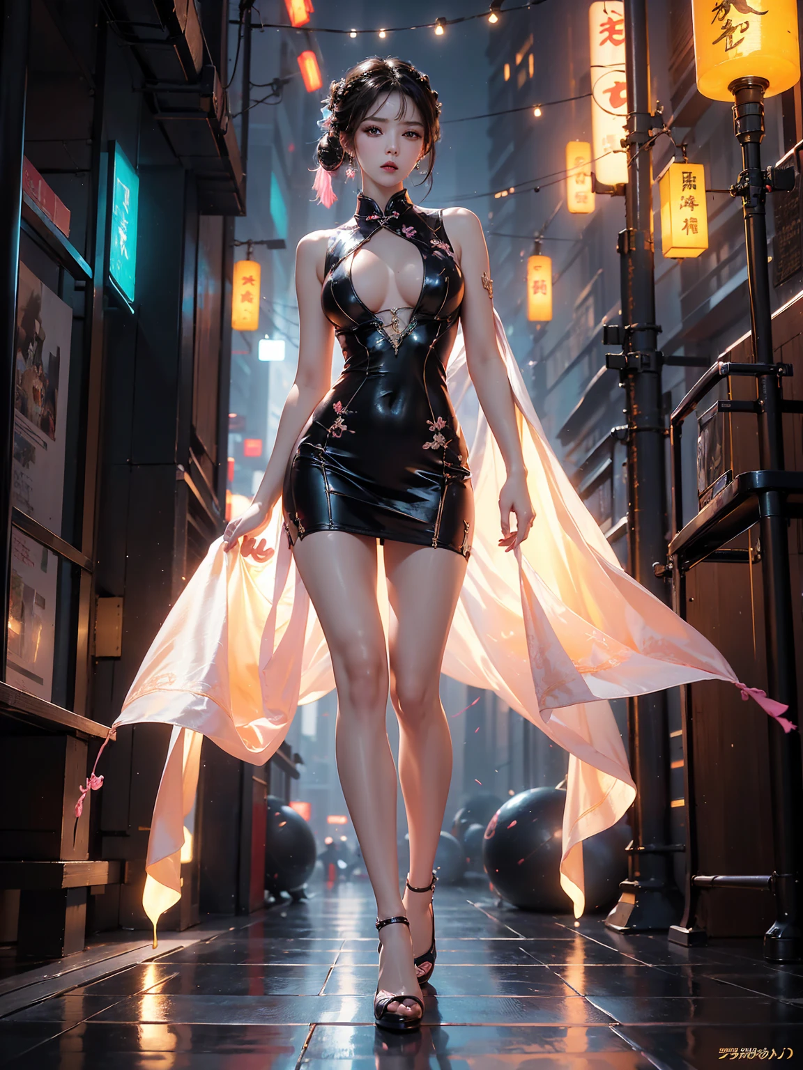 (best quality,4K,height,Masterpiece:1.2),Very detailed,(realistic:1.37), Black Haired Girl,Double boxing，Beautiful breasts，Bright, pinkish white skin,Close the flow，rift,perfect body，black cheongsam，Bare legs，high-heels，stand，Night City, China， road， sky sky， Cyberpunk personification， Paper lanterns， Superb neon resolution，（realism：1.3），1（thin：1.2），Stunning light，lively details，Elegant cyberpunk，complex background，Displayed with octane value,Cinematic edge lighting, Fine light, Masterpiece, Superb details, An epic work, Ultra high resolution, High quality