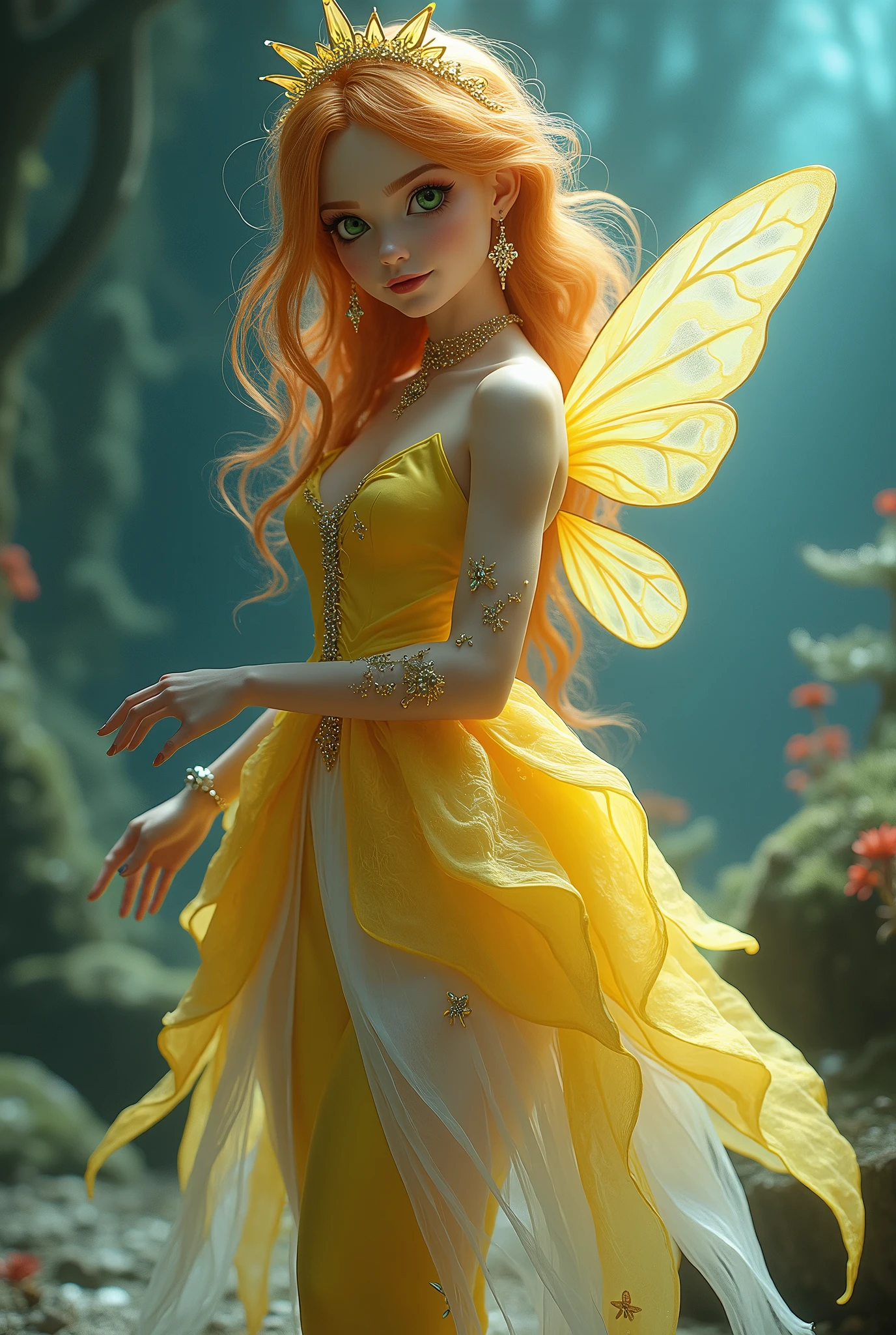 Real fairy magical like in a 1980s dark fantasy movie 3d ultra 8k stella from *Winx Club* is a character with bright, fiery yellow hair that flows in loose waves. She has green eyes and a fair complexion. Her outfit typically includes a yellow and white fairy dress with sparkling accents and butterfly or star motifs. She often wears matching accessories like a headband and shoes. stella’s overall look is vibrant and magical, with a little gold crown in her head reflecting her powers as the Fairy of the sunlight Flame Surrealist art , like a dream, Mystery, Symbolic, complicated, detailded, (Gothic,Very beauthful:1.4), (work of art, best qualityer:1.4) , Style Nicolas Samori, Mermaid Goddess Costume, (rock n roll atmosphere under the sea), (hair blue), beautiful