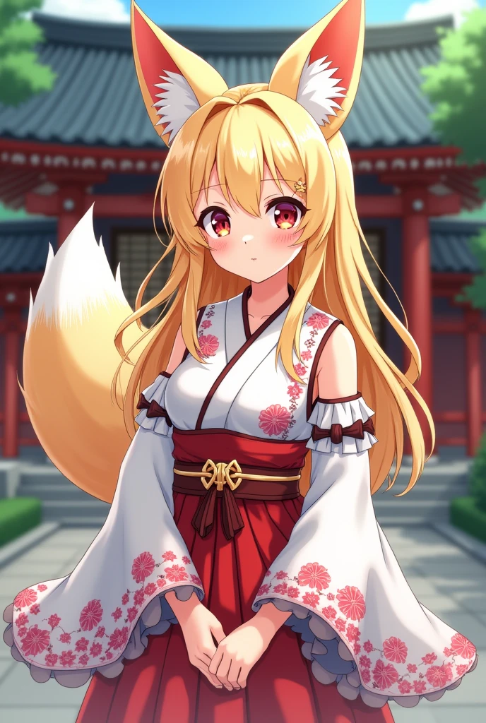 Shrine maiden costume、Blonde、Fox ears、Fox Tail、anime風、Manga style、beautiful girl、sauce_anime、sauce_comics、Background Shrine、